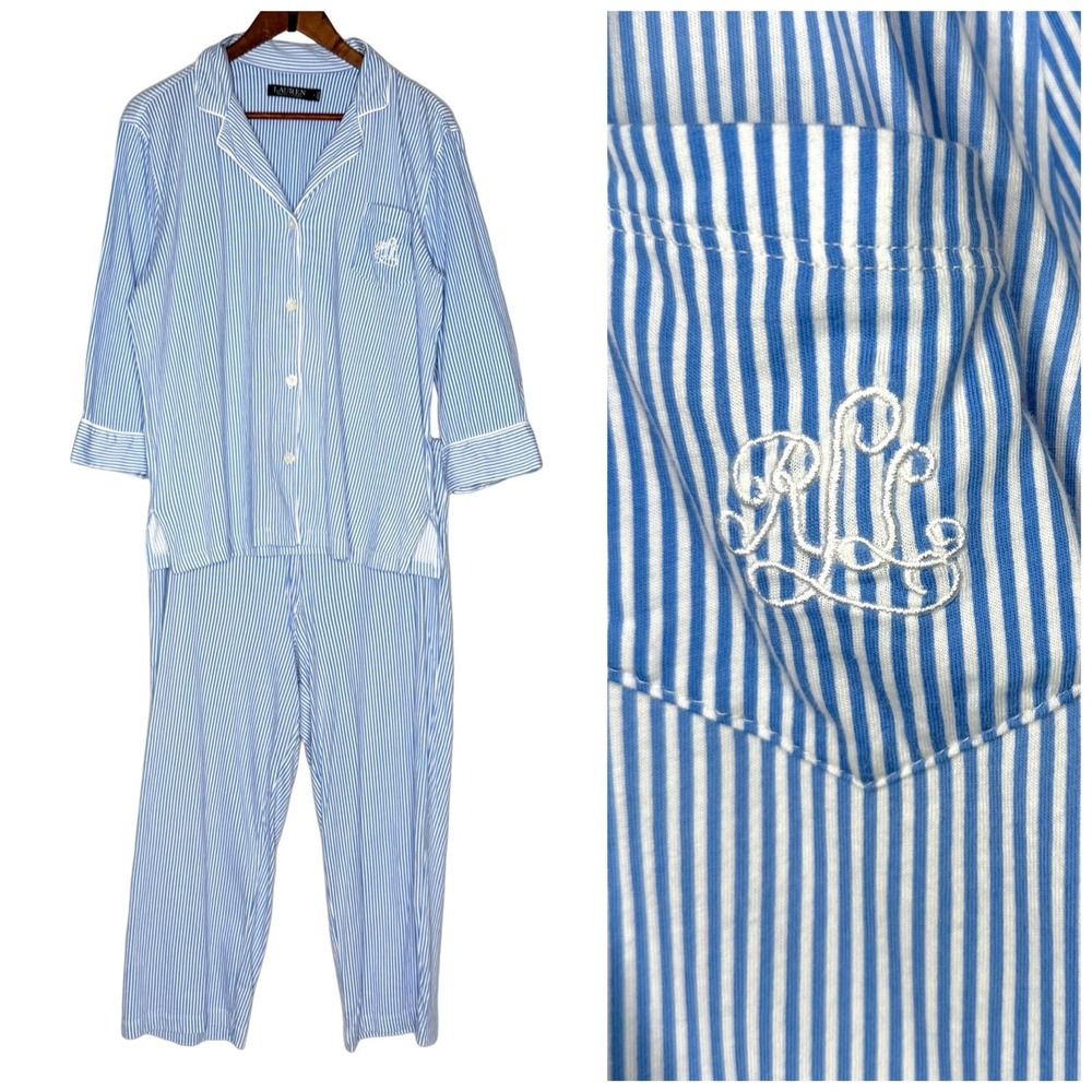 LRL Ralph Lauren Pajama Women's Size L Cotton 3/4 Sleeve Capri Pant Matching Set